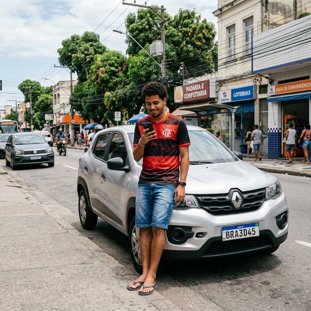 Motorista de aplicativo orgulhoso ao lado do carro novo